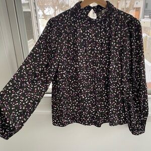 LOFT Black Blouse with Pink and White Floral Design